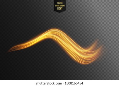 Abstract Yellow wavy line of light with a transparent background, isolated and easy to edit. Vector Illustration. Template design