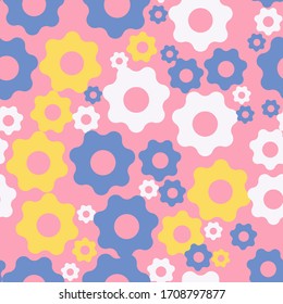 
Abstract yellow, white, azure flowers of different sizes randomly located on a pink background. Floral seamless pattern. vector