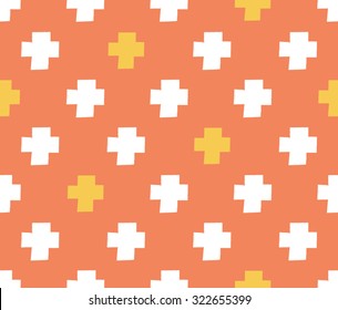 Abstract yellow and white plus on orange background seamless pattern backdrop wallpaper. vector art