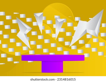 Abstract yellow, white and purple cylinder pedestal podium. Futuristic stage showcase with minimal geometric forms. Vector mockup product display for presentation.