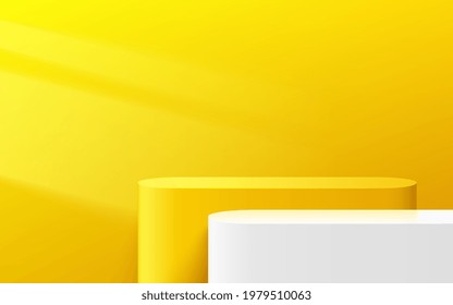 Abstract Yellow and white round corner cube platform podium. Window lighting. Pastel minimal wall scene. Vector rendering 3d shape for Product display presentation. Geometric pedestal with shadow.