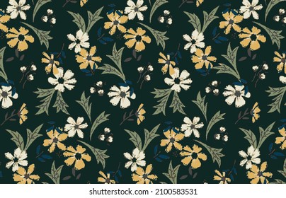 abstract yellow and white small flowers with leaves all over illustration vector digital image for textiles designs