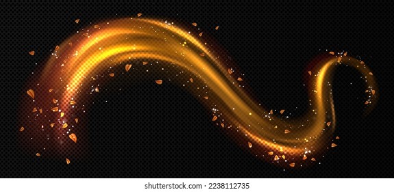 Abstract yellow wind swirls with autumn leaves png. Magic golden air flow with flying foliage and shimmering sparkles. Realistic vector illustration isolated on transparent background. Natural beauty