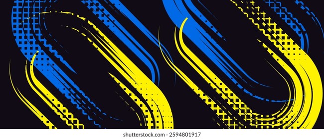 Abstract yellow-blue frame on a dark background. Sporty design in grunge style. Illustration for sports, athletics, training