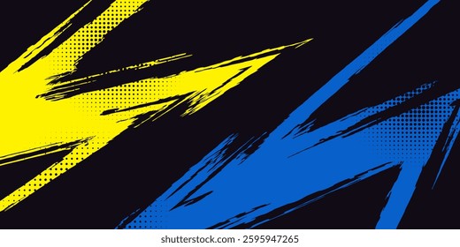 Abstract yellow-blue frame on a dark background. Sporty design in grunge style. Illustration for sports