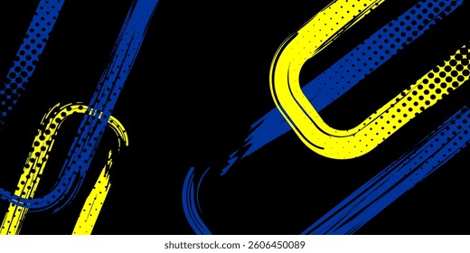 Abstract yellow-blue frame on a dark background. Sporty design in grunge style. Illustration for sports, athletics, training