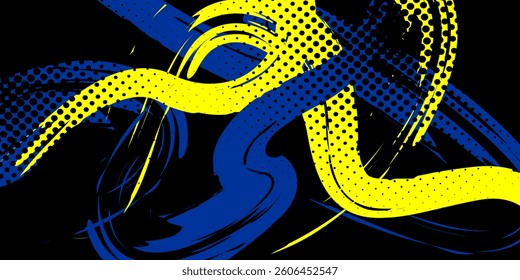 Abstract yellow-blue frame on a dark background. Sporty design in grunge style. Illustration for sports, athletics, training