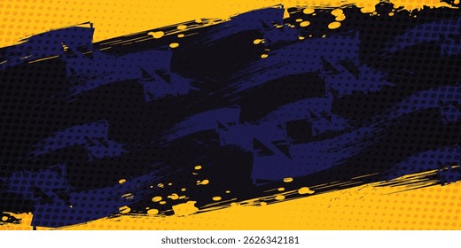 Abstract yellow-blue frame on a dark background. Sporty design in grunge style. Illustration for sports, athletics, training, workout, etc.