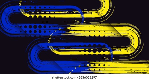 Abstract yellow-blue frame on a dark background. Sporty design in grunge style. Illustration for sports, athletics, training. eps 10
