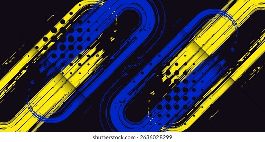Abstract yellow-blue frame on a dark background. Sporty design in grunge style. Illustration for sports, athletics, training. eps 10