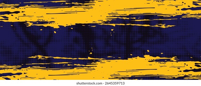 Quadro amarelo-azul abstrato em um fundo escuro. Design esportivo em estilo grunge. Ilustração para esportes