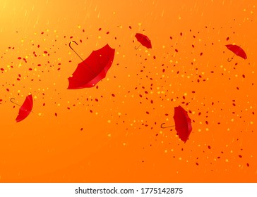 Abstract yellow-orange autumn background with leaves and umbrellas flying in the rain. Vector illustration.