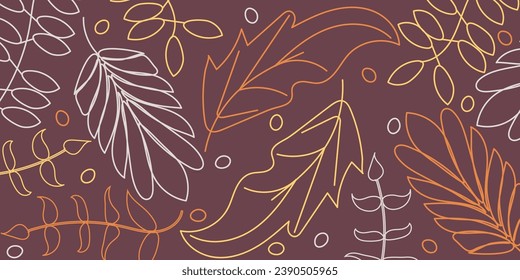 Abstract yellow-orange-white design with multicolored silhouettes of leaves and circles on brown background. Bright colorful vector illustration for cards, business, banners, wallpaper, textile