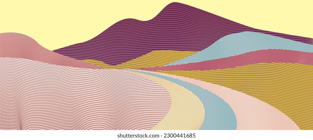 Abstract yellow-pink landscape background. Panoramic view wallpaper in minimal curved contour lines style with hills, desert, sand in pastel colors. For prints, interiors, wall art, decorations,