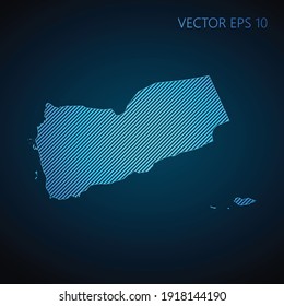 Abstract Yemen map template made from blue diagonal lines on dark background. Vector illustration EPS10.