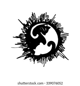 Abstract Yin-Yang symbol in the form of cats. Black and white drawing.