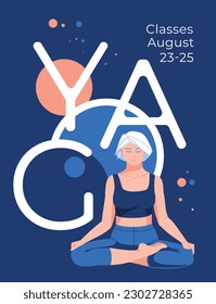 Abstract yoga asanas poster with elderly woman with gray hair. Round sphere background. Advertising of the gym and health center. Flyer, card. Vector flat illustration