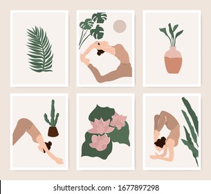 Abstract yoga card exercise graphics set. Creative tutorial concept in minimalistic style. Elegant sport template collection in pastel colors.