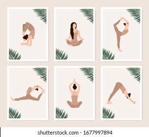 Abstract yoga card exercise graphics set. Creative tutorial concept in minimalistic style. Elegant sport template collection in pastel colors.