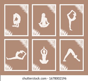 Abstract yoga card exercise graphics set. Creative tutorial concept in minimalistic style. Elegant sport template collection in pastel colors.