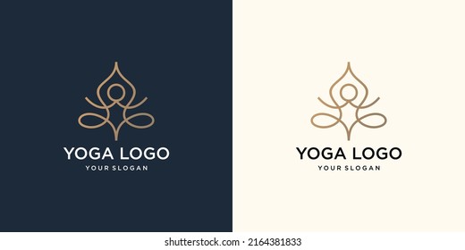 Abstract yoga human line logo. Thread person flower balance logotype. Creative spa, guru vector mark