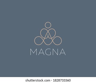 Abstract yoga human linear logo. Thread relax meditation balance logotype. Creative spa, guru icon vector mark.