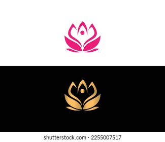Abstract Yoga Human Logo Design With Lotus Flower Beauty Spa Salon Cosmetics Symbol Vector Template.