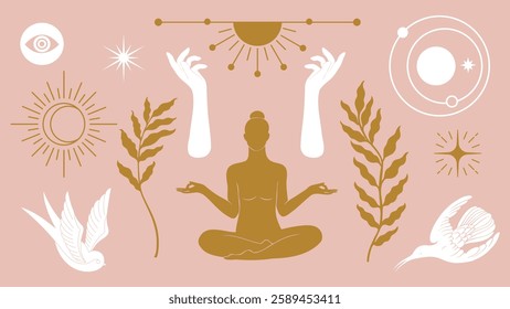 Abstract yoga illustration with a meditating figure, celestial symbols, and nature elements. Yoga, meditation, and nature in harmony. Celestial and nature motifs. Spirituality vector set.