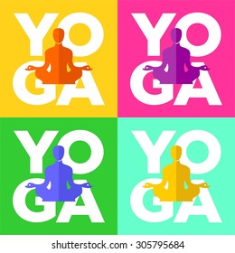 Abstract yoga illustration set on pink/blue/green/yellow background