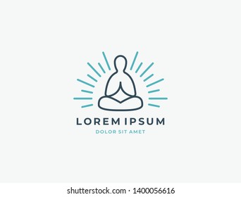 Abstract Yoga Logo. Modern linear vector icon. Fitness room, Yoga center, spa facilities, lotus flower, health, spa, meditation, harmony sumbol. Man in lotus pose icon.