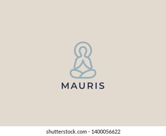 Abstract Yoga Logo. Modern linear vector icon. Fitness room, Yoga center, spa facilities, lotus flower, health, spa, meditation, harmony sumbol. Man in lotus pose icon.