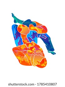 Abstract young athletic men practicing martial arts Brazilian jiu-jitsu from splash of watercolors. Trains in a traditional kimono. BJJ spinning armrest, Juji Gatame. Vector illustration of paints