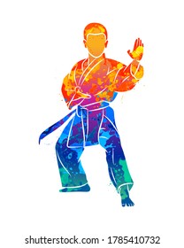 Abstract young boy in kimono training karate from splash of watercolors. Vector illustration of paints