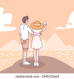 Abstract young couple selfie together at the beach in cartoon character, flat vector illustration