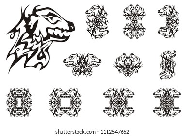 Abstract young dragon head symbols. Tribal double symbols of the dragon head and frames in black and white option for your design