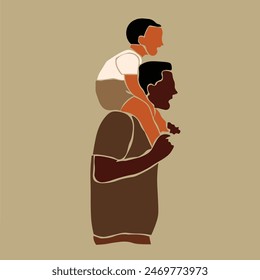 Abstract young father holding son in elegant line art style vector