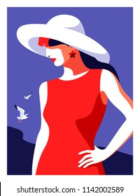 Abstract young girl wearing big hat walking on the beach. Sea background with gulls. Vector illustration