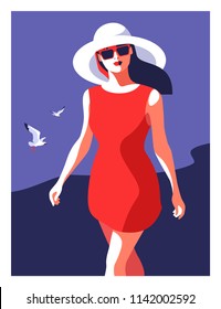 Abstract young girl wearing big hat walking on the beach. Sea background with gulls. Vector illustration