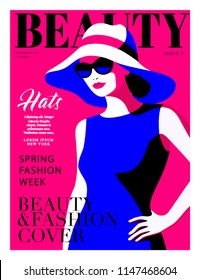 Abstract young girl wearing big hat and sunglasses. Fashion women magazine cover design. Vector illustration