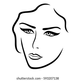 Abstract young lady face, hand drown vector outline