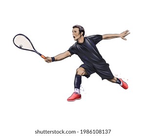 Abstract young man does an exercise with a racket on her right hand in squash from splash of watercolors. Squash game training. Vector illustration of paints