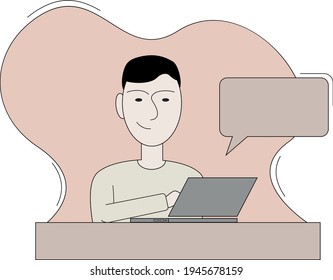 An abstract young man (programmer, designer, marketer) is at his desk and is typing text on the laptop keyboard. A message bubble appears above the computer. Vector illustration.