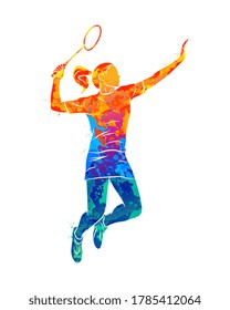 Abstract young woman badminton player jumping with a racket from splash of watercolors. Vector illustration of paints