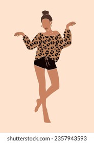 abstract young woman of color in cheetah print pajamas, lady in comfy sleepwear, beautiful girl in loungewear, stay home and self-care concept, isolated vector illustration