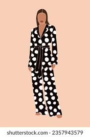 abstract young woman of color in elegant pajamas, lady in comfy sleepwear, beautiful girl in loungewear, stay home and self-care concept, isolated vector illustration