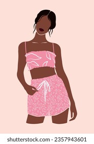 abstract young woman of color in pink two piece pajamas outfit, lady in comfy sleepwear, beautiful black arican girl in loungewear, stay home and self-care concept, isolated vector illustration