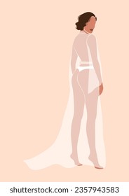 abstract young woman of color in white dress, lady in elegant sleepwear, beautiful girl in loungewear, bride to be, isolated vector illustration