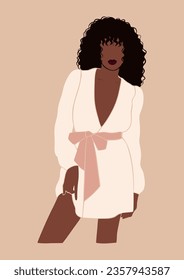 abstract young woman of color in white dress, lady in comfy summer outfit, beautiful black arican girl in loungewear, stay home and self-care concept, isolated vector illustration