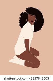 jovencita abstracta de color con camiseta blanca, dama con ropa de dormir mullida, hermosa chica africana negra en ropa de salón, quédate en casa y concepto de autocuidado, ilustración vectorial aislada