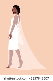 abstract young woman of color in white dress, lady in elegant sleepwear, beautiful black arican girl in loungewear, bride to be, isolated vector illustration